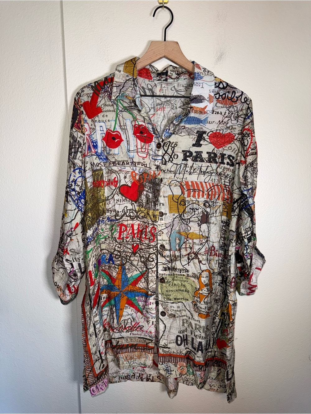 JOHN MARK I love Paris street map print flowy button up blouse S